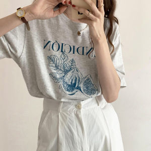 IELGY white short-sleeved t-shirt womens round neck fashion loose cartoon print