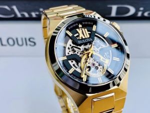 ĐỒNG HỒ NAM CHÍNH HÃNG Bulova 98A178 Automatic Gold Case & Stainless Steel Skeleton Black Dial For Men