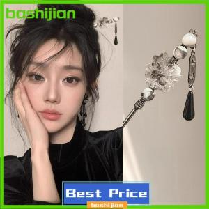 bashijian ปิ่นปักผมสไตล์จีนย้อนยุคปิ่นปักผมมีพู่ดอกไม้สีหมึกสำหรับผู้หญิงที่ใส่ผมทรงหางม้าที่สง่างามเครื่องประดับผม