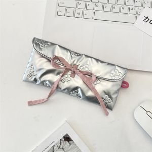 VOYUE Quilted Pen Bag Bowknot Printing PU Leather Pen Pouch Multifunctional Large Capacity Stationery Storage Organizer Girls Gift