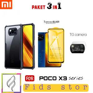 PROMO 3in1 CASE SHOCKPROOF + TEMEPERED GLASS FULL COVER BLACK +LENS CAMERA For Xiaomi POCO X3 / POCO X3 Pro / POCO X3 NFC