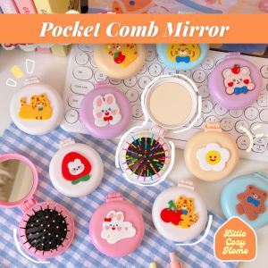 Pocket Comb Mirror 2in1 / Folding Airbag Massager Sisir Anti Rontok Cermin Lipat Lucu / Detangler Karakter Sikat Rambut Hair Comb Ala Korea