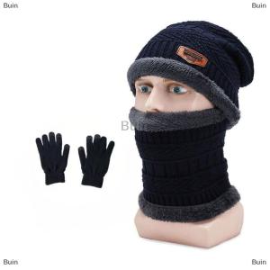 [COD] Buin 3-Piece Winter Mens Hat Set Scarf Gloves And Neck Warmer All In One Fleece-Lined Knitted Hat