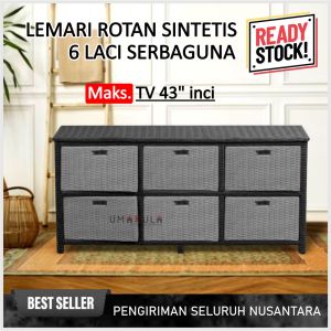 LEMARI RAK ROTAN SINTETIS Meja Bufet TV 6 Laci Ruang Tamu Model Minimalis Modern Murah Terbaru