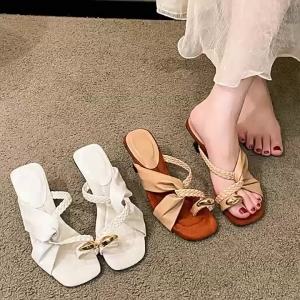 [Free Shipping] 2026 Spring/Summer New Collection: WomenS Wedge-Heeled Slippers Summer Toe-Loop Sandals Woven One-Strap Sandals And High-Heeled Slippers