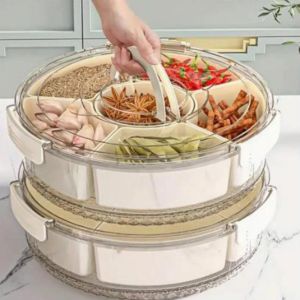 NEXASHOP 6 Division Rotating Fruit Tray With Handle Sealed Moisture-Proof Dry Fruit Tray Portable With Lid Round Snack Box