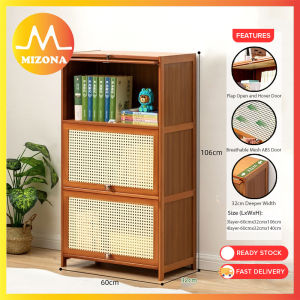 MIZONA Multilayer Bookshelf Organizer Household Storage Rack Flip Door Display Cabinet Rattan Weaving Door Home Living Rak Simpanan Buku Berlapis