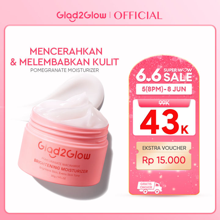Glad2Glow Pomegranate Niacinamide Brightening Moisturizer 30g Glad2Glow Moisturizer Mencerahkan g2g Pelembab Wajah Glowing Krim Wajah Facial Cream Whitening Cream Day Night Cream Moist Malam mois Pencerah Wajah