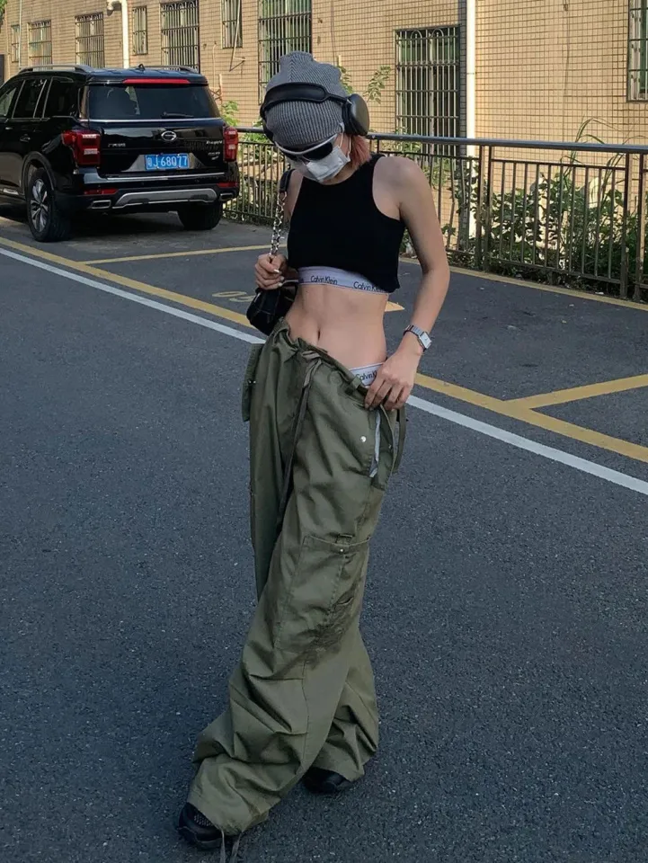 Ready Stock-HOUZHOU Army Green Low Rise Parachute Pants Women Cyber Y2K  Vintage Pockets Cargo Trousers Oversize Wide Leg Joggers Edgy Style