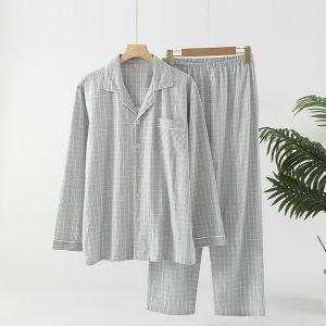 2026 Couple pajamas spring and autumn 100% pure cotton double-layer cotton yarn mens and womens long-sleeved trousers set loose plus size loungewear