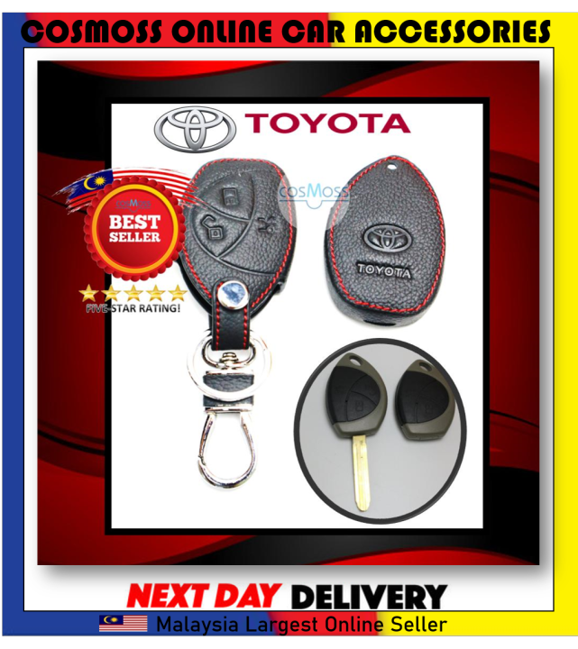 Toyota Vios 3 Button Keyless Remote Leather Car Key Cover Case (Black-RedLine)