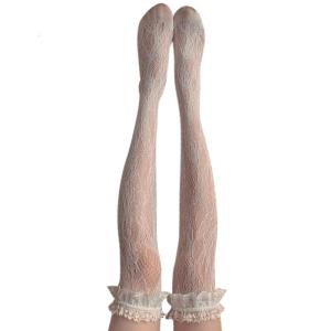 Nhật Bản Fishnet cao tới đùi vớ Womens frilly xù ren hoa Jacquard khuôn mẫu trên tất qua đầu gối vớ Hàng dệt kim