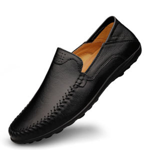 Fashion Lightweight Mens Casual Shoes Breathable Black Soft Leather Mens Slip on Shoes Outdoor Anti-slip Walking Loafers