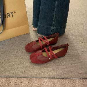 Free Shipping Wanwan Flat Shoes With Elastic Straps Square-Toe Design WomenS Shoes 2026 Spring/Autumn New Collection Soft Leather Soft Sole Grandma Shoes