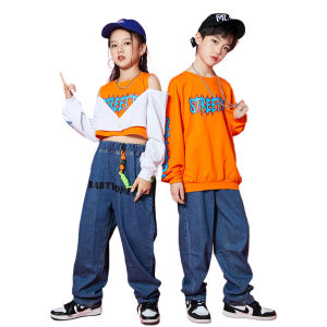 LOLANTA 2Pcs Kids Girls Boys Sport Jogging Pants Off Shoulder Crop Top Outfit Children Hip Hop Performance Dance Clothing