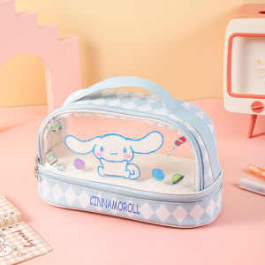 Sanrio Hello Kitty Pen Bag Kuromi My Melody Cinnamoroll Girls Cartoon Fashion Transparent Double Layer Large Capacity Portable Stationery Box Student Stationery Childrens Gift