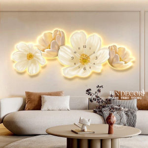 (ẢNH THẬT) Tranh đồng hồ đèn led hoa tulip vàng trang trí decor kèm đinh