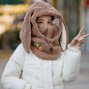 MYCOLOR Drawstring Rabbit Ear Balaclava Hat Solid Color Cartoon s Hood Beanies Soft Neck Warmer Helmet Hat Autumn