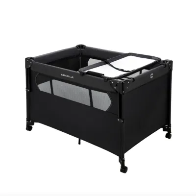 Crolla Ally Upgraded Playpen/Portable Travel Cot with One Side Sliding Door Foldable Travel Baby Crib Two Tone Black/Two Tone Grey come with Diaper Changer