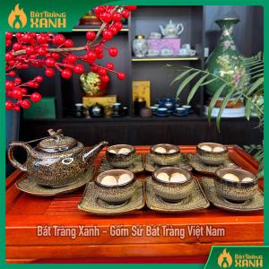 Bộ Ấm Chén Thượng Tân Kiều Gấm Vàng - Bộ Ấm Trà Bát Tràng Men Hoả Biến Cao Cấp