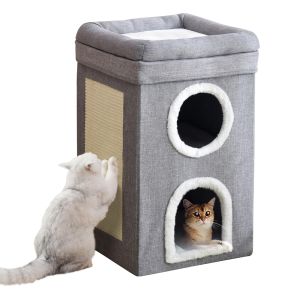 Lovinland Pet Cat House for Indoor Cats Covered 2 Story Cat Bed Large Cat Cave with Hideaway Scratch Pad and Fluffy Ball Foldable Cat Cube Condos Kitten Beds for Multiple Pets