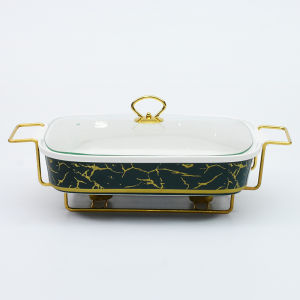 Emerald Gold Nordic Food Warmer with Glass Cover Ceramics Chafing Dish Luxury Rectangular Soup Pot Casserole Displays Serving Dish Alcohol Stove Buffet Food Warmer Metal Frame Ceramic Deep Plate Porcelain with Gold Stand
