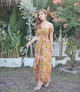 BAJU WANITA MODEL BARU LONG DRESS SORAYA MOTIF BUNGA TEROMPET LDS001
