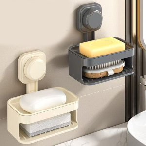 Suction Cup Soap Box With Sponge Scrubber No Drilling Double-Layer Drainage Bathroom Wall Mounted Shelf Soap Box