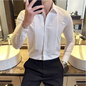 Groom Wedding Party Dress Shirt Mens Fashion Pleated Design Slim Fit Shirt Men Formal Long Sleeved Social Business Tailcoat2026