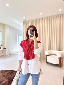 NANDO ATASAN KEMEJA WANITA MERAH PUTIH FASHIONABLE