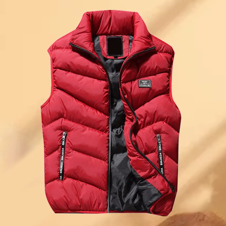 Mens Solid Color Sleeveless Warm Thicken Padded Gilet Vest With