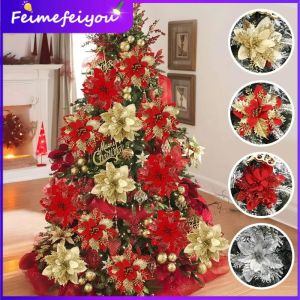 5/10Pcs Artificial Flowers Christmas Glitter Christmas Tree Hanging Ornaments Fake Flower for Home New Year 2025 Navidad Gift