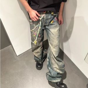 CalceNubes อเมริกันวินเทจฮิปฮอปโซ่ฮิปฮอปกางเกงยีนส์พิมพ์พังก์กราฟฟิตีกางเกงยีนส์