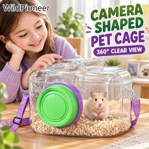 Portable Camera Shaped Hamster Carrier Clear Small Pet Travel Cage With Vent Holes Strap Water Bottle For Small Pets
