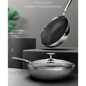 KOBACH JCG-30D1 30cm Non-Stick 316L Stainless Steel Fry Wok with Glass Lid | Deep Fry Pan | Honeycomb