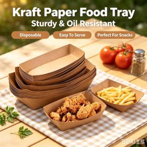 50Pcs Kraft Paper Boat Tray Oil Proof Disposable Food Container for Snacks Hotdog Turon Chicharon