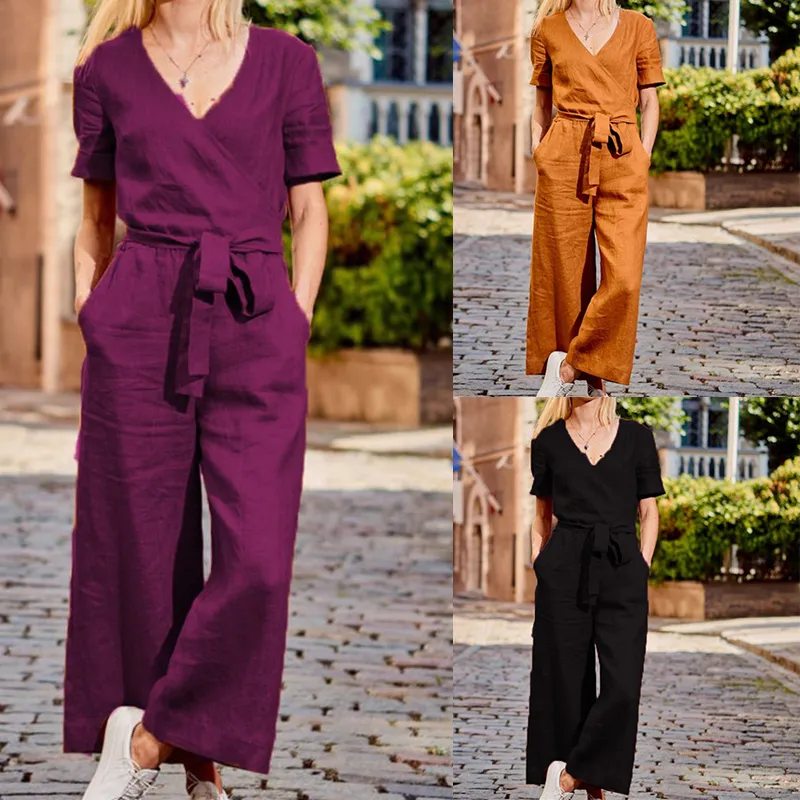 【In stock】 Women's short sleeve jumpsuit summer casual V-neck pocket  overalls jumpsuit short sleeve wide leg loose jumpsuit