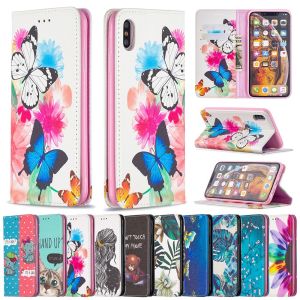 For Apple iPhone 7/8/7P/8P/SE 2020/iX/XS/XR/XS Max/iPhone 11 12 13 Pro Max 12 13 Mini Flip Case Painted Leather Cover with Magnetic Card Holder Stand Phone Bag Casing