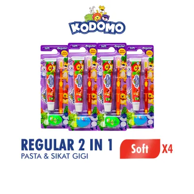 [Paket Isi 4] KODOMO Sikat Gigi Reguler 2 IN 1 - Random Design / Color