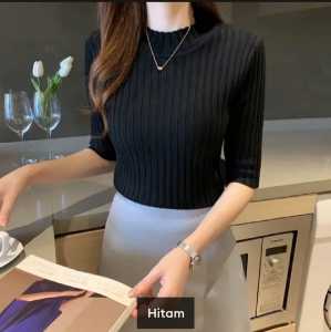 ATASAN BLUS WANITA DEWASA / TURTLENECK MIDY KNITS RAJUT LENGAN PENDEK 3/4 LEHER TINGGI