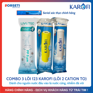 Combo 3 Lõi Lọc Thô 123 KAROFI (Lõi 1 - Lõi 2 Cation - Lõi 3 CTO lưới) Chuyên Dùng Cho Nước Giếng Nước Cứng (Nhiễm Đá Vôi)
