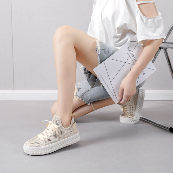 Thick-soled white shoes, breathable mesh panel shoes, Hong Kong style  women's mesh sneakers Lazada PH