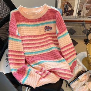 Yoohui ZZ092 Sweater wanita leher bulat bergaris/atasan rajutan oversize/Striped knit sweater rajut Top Wanita Jaring Oversize Rajut premium lengan panjang Kaos Rugby Motif Sablon / Garis Bahan Cotton Pria Wanita