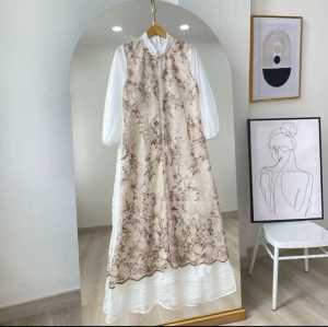 Gamis Bunga Korean Style Flower Dres Brukat Malika Mix Tile M L XL XXL 3XL Dress Lebaran Terbaru Viral Baju Wanita Dewasa Kekinian Jumbo