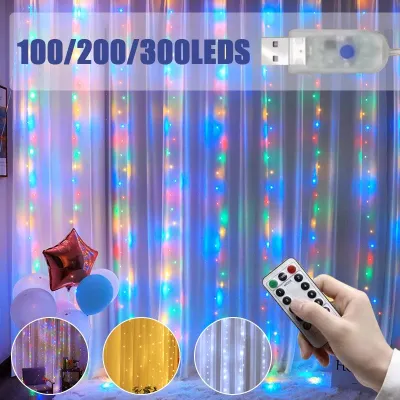 Fairy Curtain Lights 300 LED Copper Wire Lamp USB Plug in 8 Modes Christmas Fairy String Hanging Lights with Remote Controller for Bedroom Indoor Outdoor Weddings Party Decorations