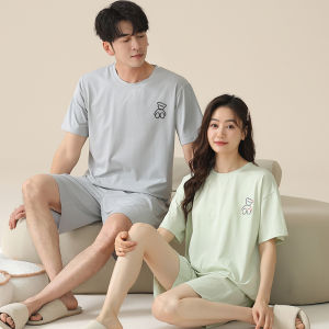 [ Lycra Cotton ] Couple Pajamas Summer Short Sleeve Cool Lady Simple Mens Outerwear Thin Homewear Suit ㏇L0514