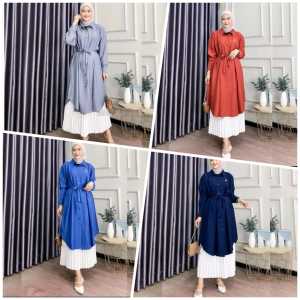 IXORA Tunik Long Basic Crinkle Airflow Busui Kancing Aktif Kekinian Atasan Wanita Muslimah Tunik Tali Pinggang Terbaru