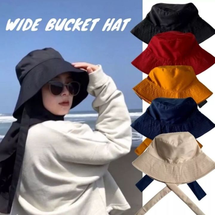 Topi Wide Bucket Hat Wanita Hijab Tali Pita Cantik Trendy