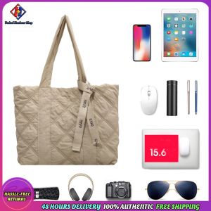 Vodool Puffer Quilted Shoulder Bag Casual Nylon Gym Yoga Bag Soft Cloth Gym Tote for College Office Clinical Gym