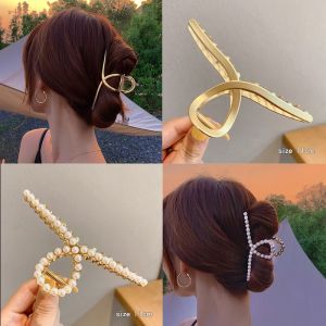 Kẹp tóc kim loại sau đầu bản to đính đá đính ngọc dành cho nữ phong cách Hàn Quốc